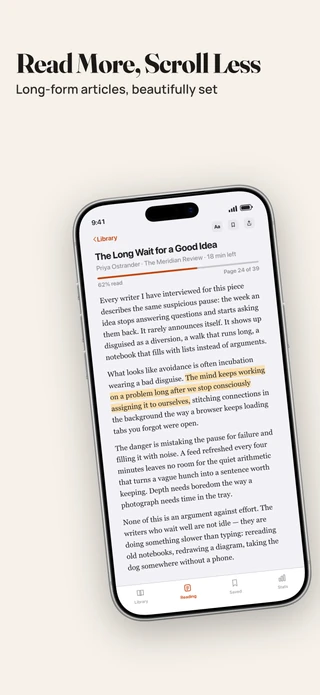 Slide 1 of Editorial: Read More, Scroll Less — Long-form articles, beautifully set