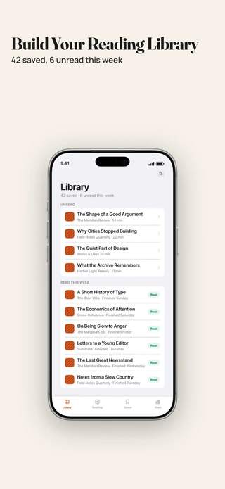 Slide 2 of Editorial: Build Your Reading Library — 42 saved, 6 unread this week