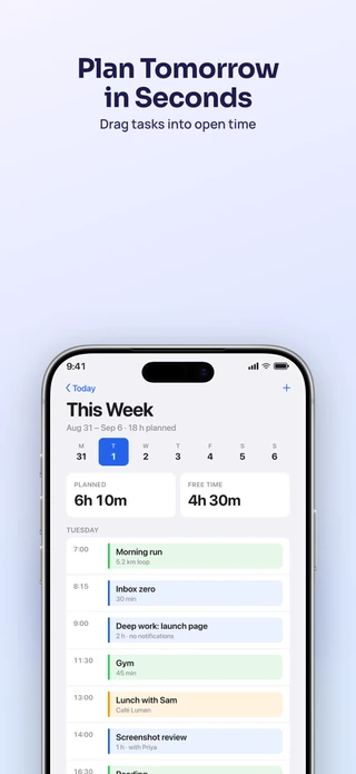 Slide 2 of the Hero Intro pack: Plan Tomorrow in Seconds — Drag tasks into open time