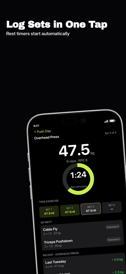 Bold Dark: Log Sets in One Tap — Rest timers start automatically