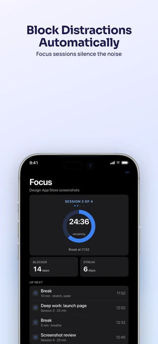 Slide 3 of the Hero Intro pack: Block Distractions Automatically — Focus sessions silence the noise