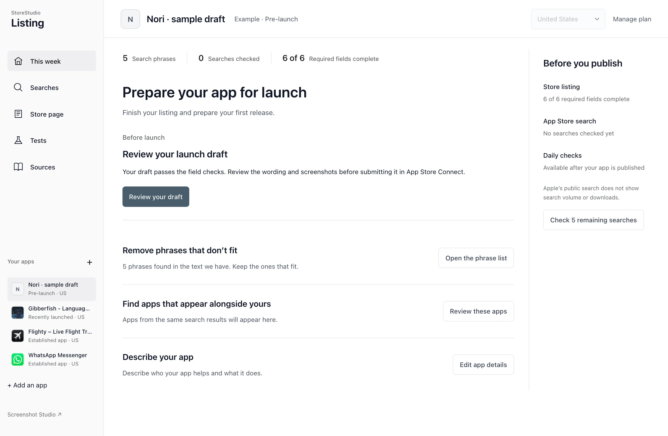 Nori: the This week view in Listing. Review field issues and search findings in one place. Pre-launch apps get a launch checklist; published apps get suggestions supported by the available sources.